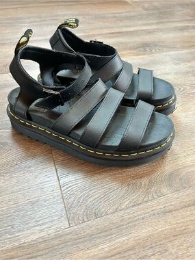 Dr. Martens Black Leather Platform Strappy Sandals with Yellow Stitching